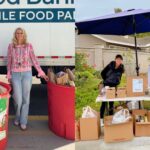Community members collect nonperishable food donations in red food drive barrels.