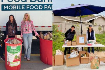 Community members collect nonperishable food donations in red food drive barrels.