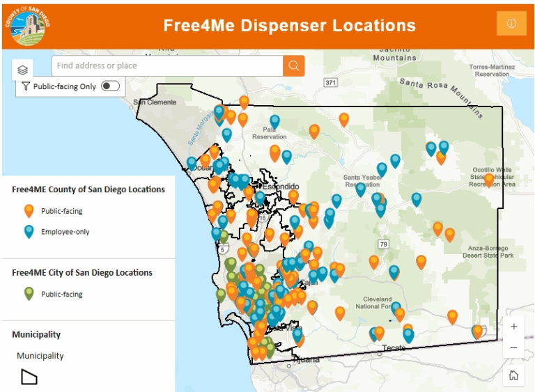 A map with pins of diaper and period supply product distributions.