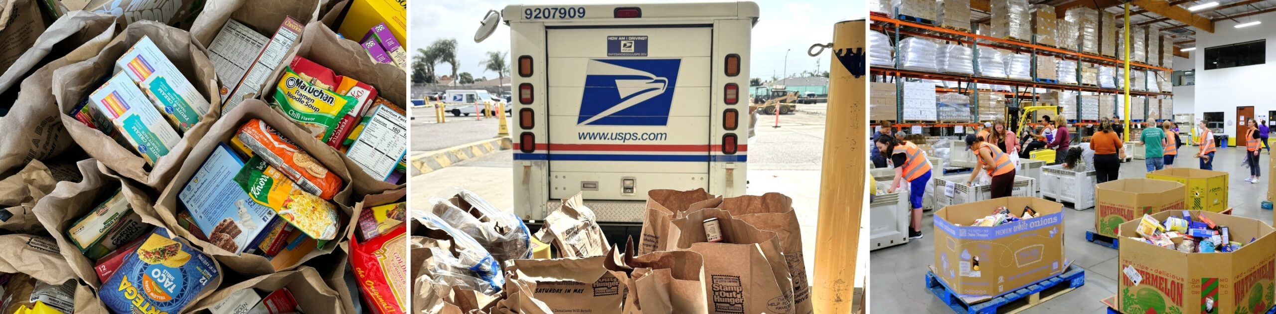 Food in the SOH bag, in front of a USPS truck, and inside the Food Bank's warehouse.