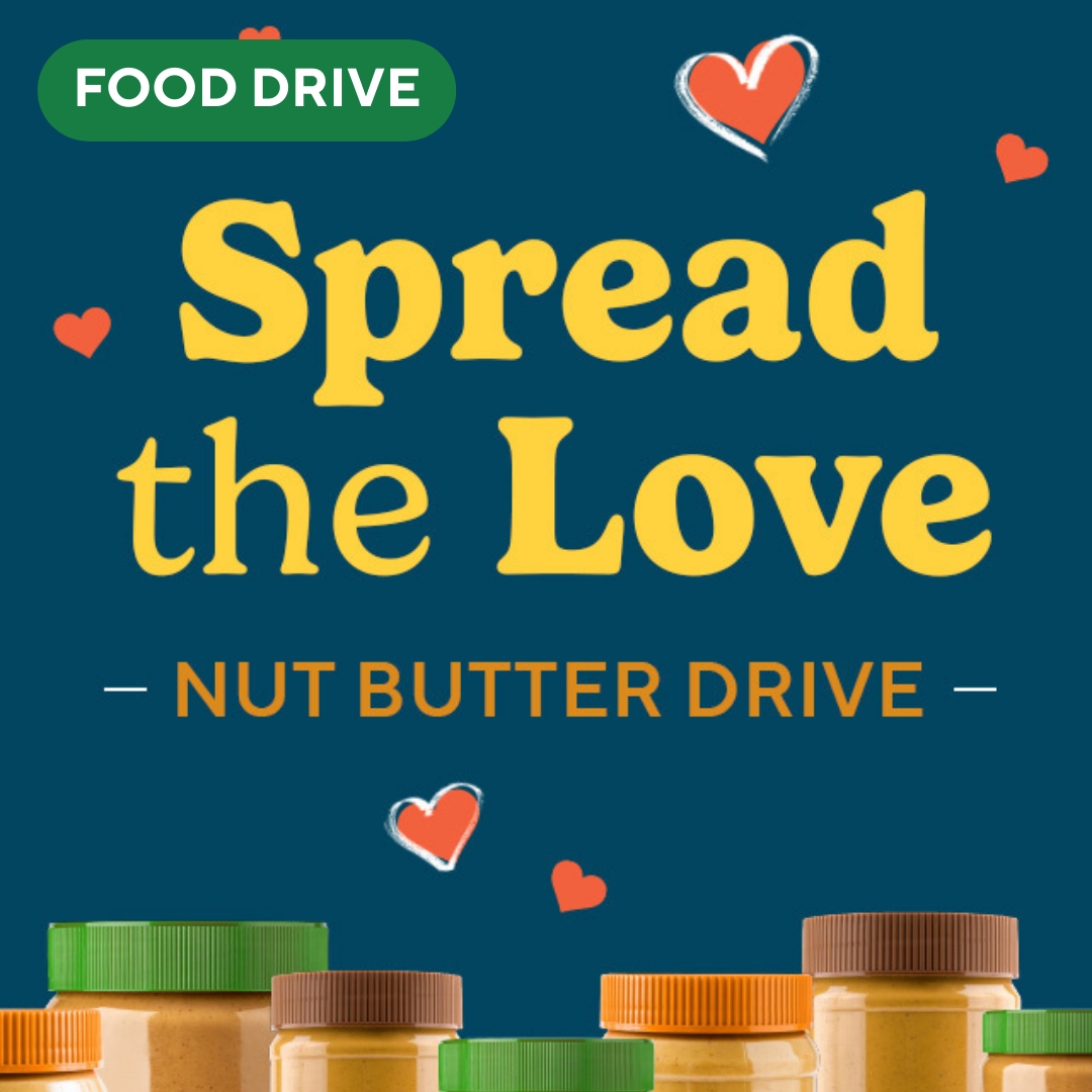 Spread the Love Nut Butter Drive graphic with jars of nut butter.