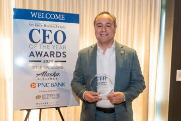 Casey Castillo accepts his 2026 CEO of the Year award at the San Diego Business Journal recognition ceremony.