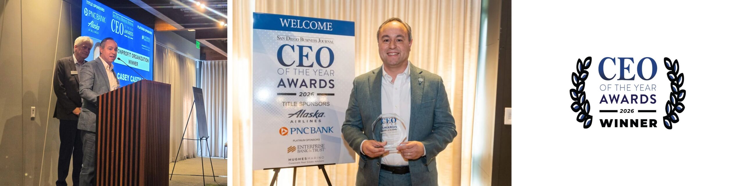 Casey Castillo accepts his 2026 CEO of the Year award at the San Diego Business Journal recognition ceremony.