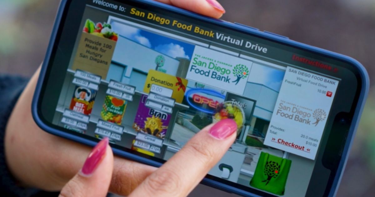 A virtual food drive screen with someone donating food online.